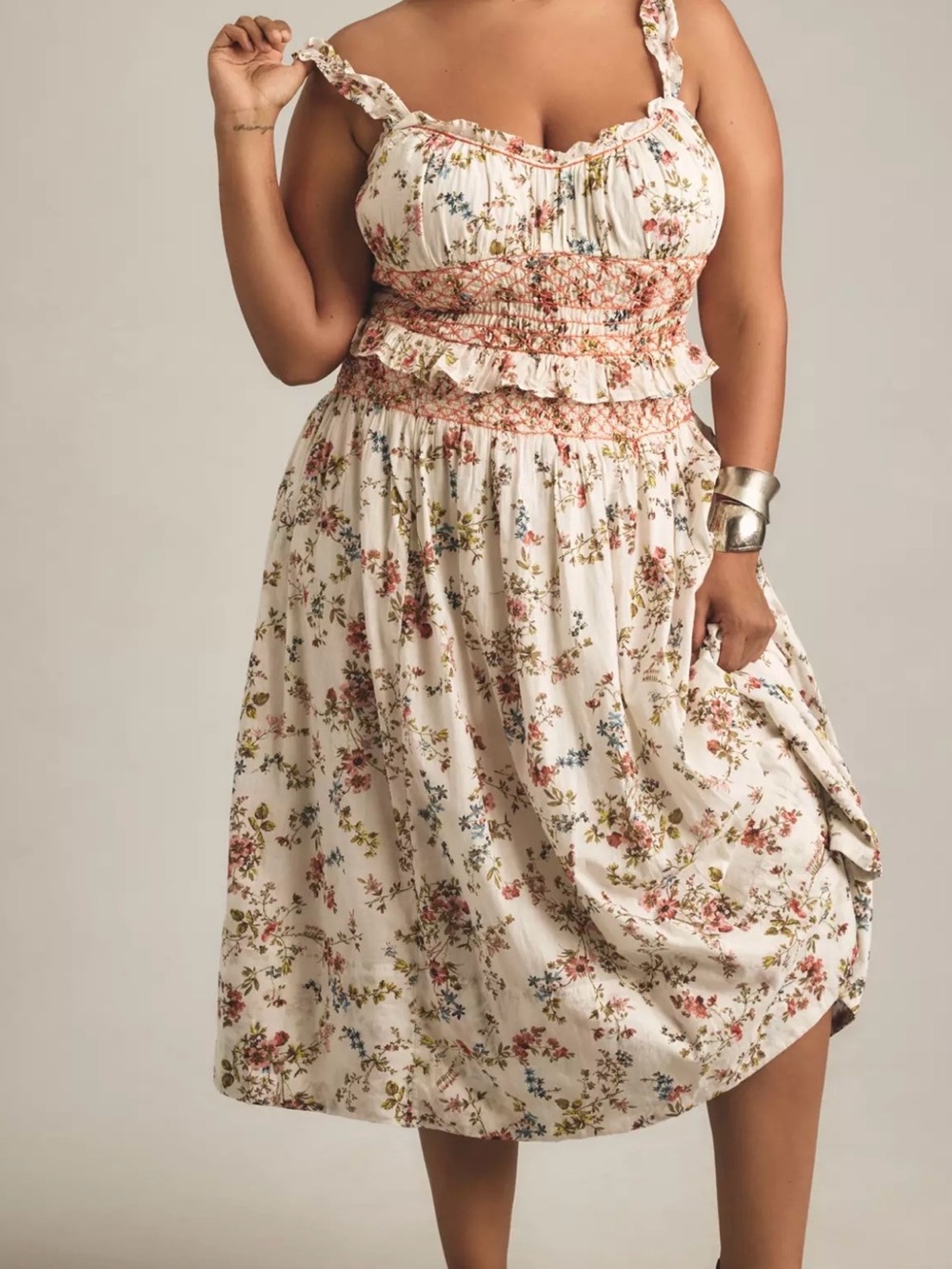Floral Ruffled Sleeveless Smocked Midi Dress 2X